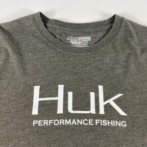 Huk Performance Fishing Shirt Mens Medium Gray Short Sleeve Athletic Tee Stain